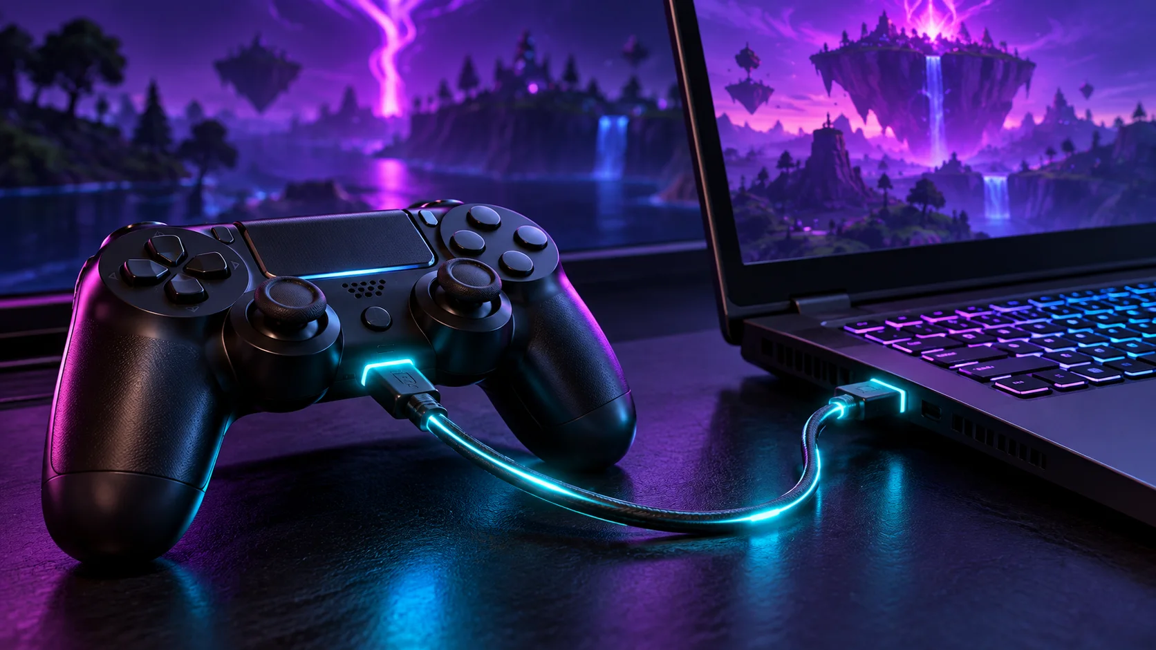 Game controller connected to a desktop gaming setup with a USB cable