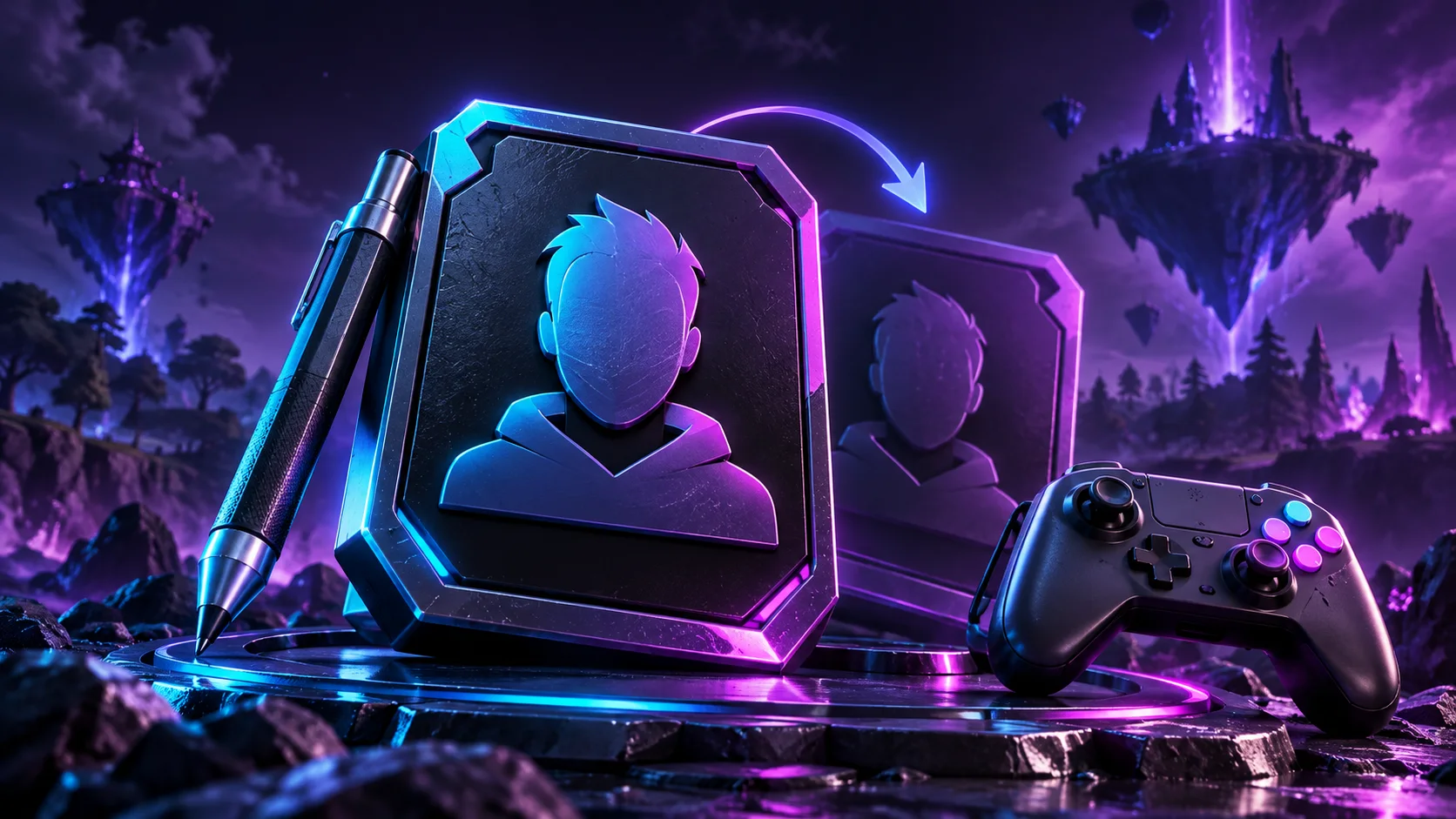 Floating player identity card with a luminous edit symbol