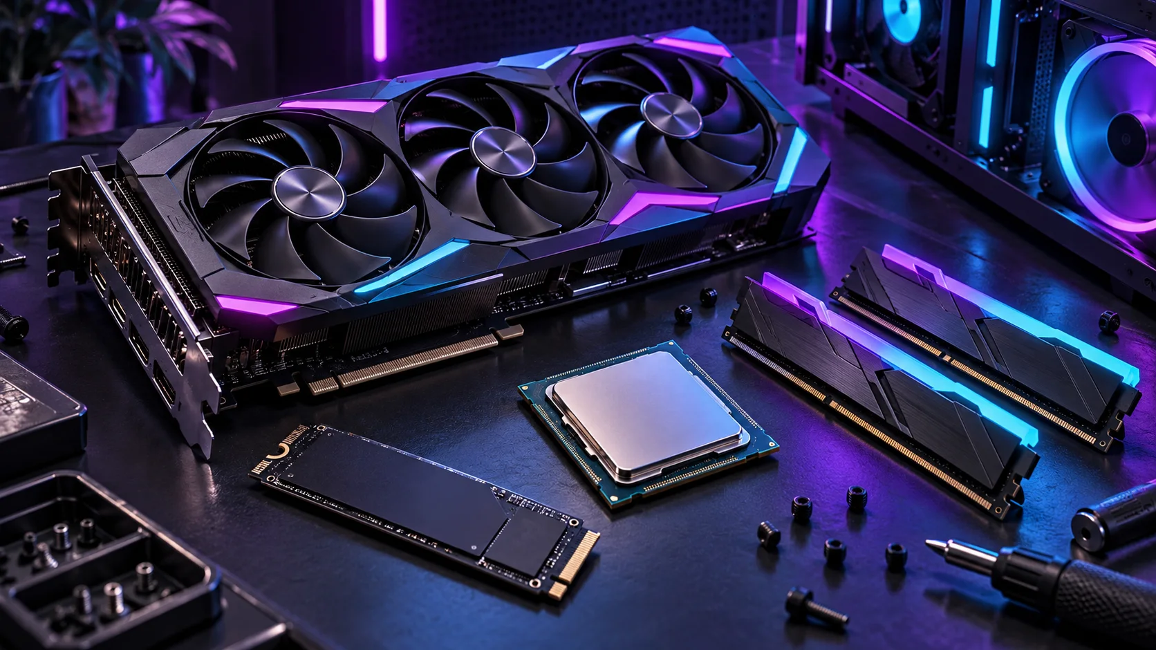 Illustrated desktop computer with highlighted processor, memory and graphics components