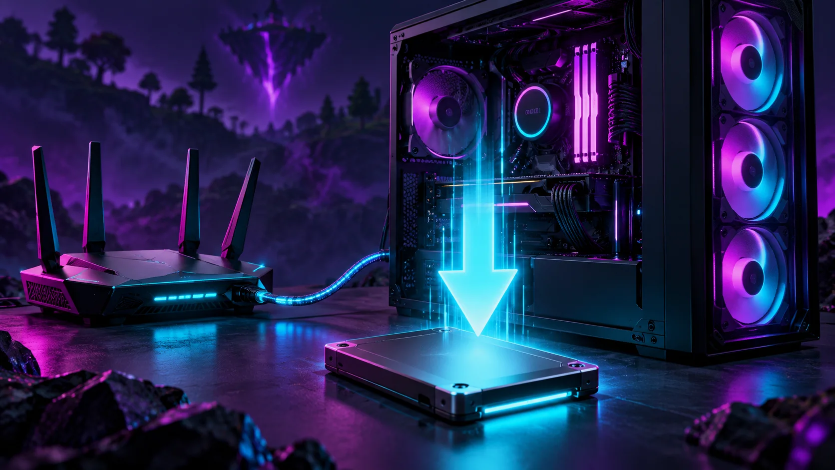 Glowing download arrow beside a computer and solid-state drive