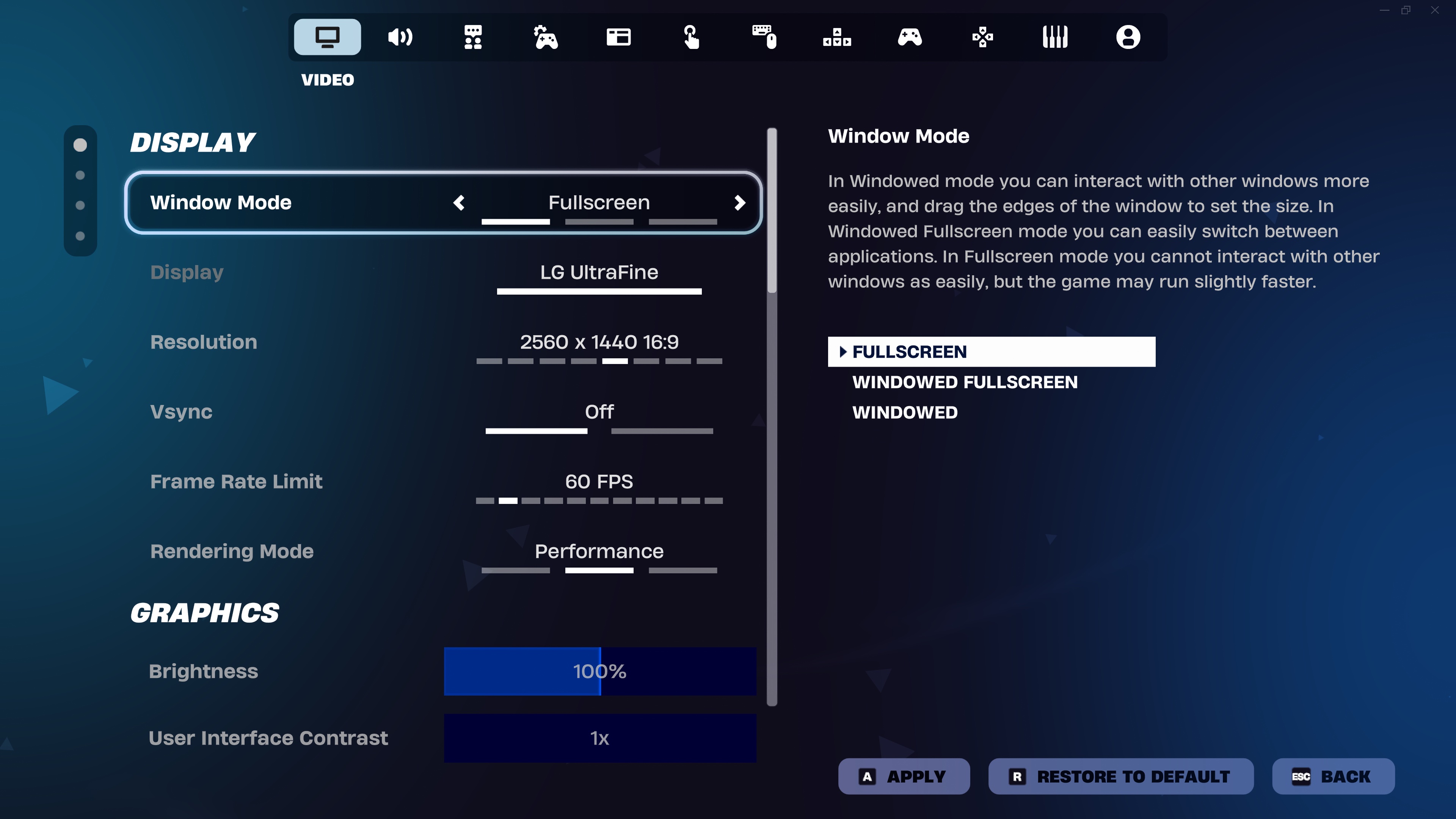 لقطة إعدادات العرض في Fortnite منشورة من Epic Games