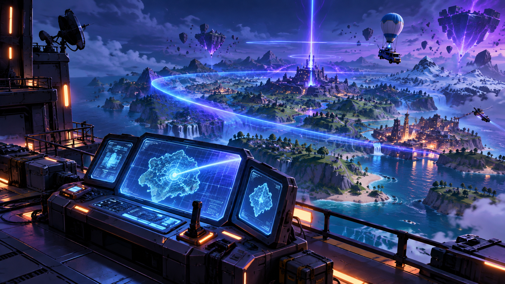 Fortnite Override console controlling a glowing battle royale island