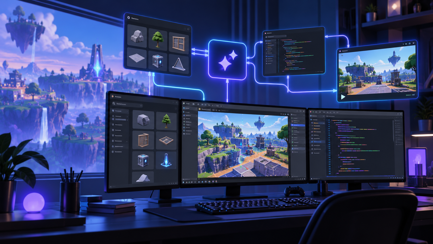 Unreal Editor for Fortnite creator workflow with code, devices and a playtest viewport